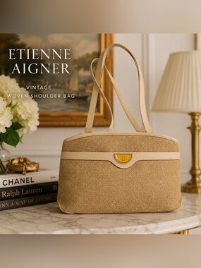 Vintage Etienne Aigner Woven Straw & Cream Faux Leather Shoulder Bag Beige Tan